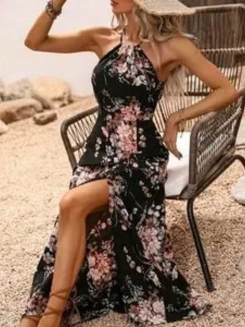 New Boho Floral Tie Halter Long Split Dress Black Pink